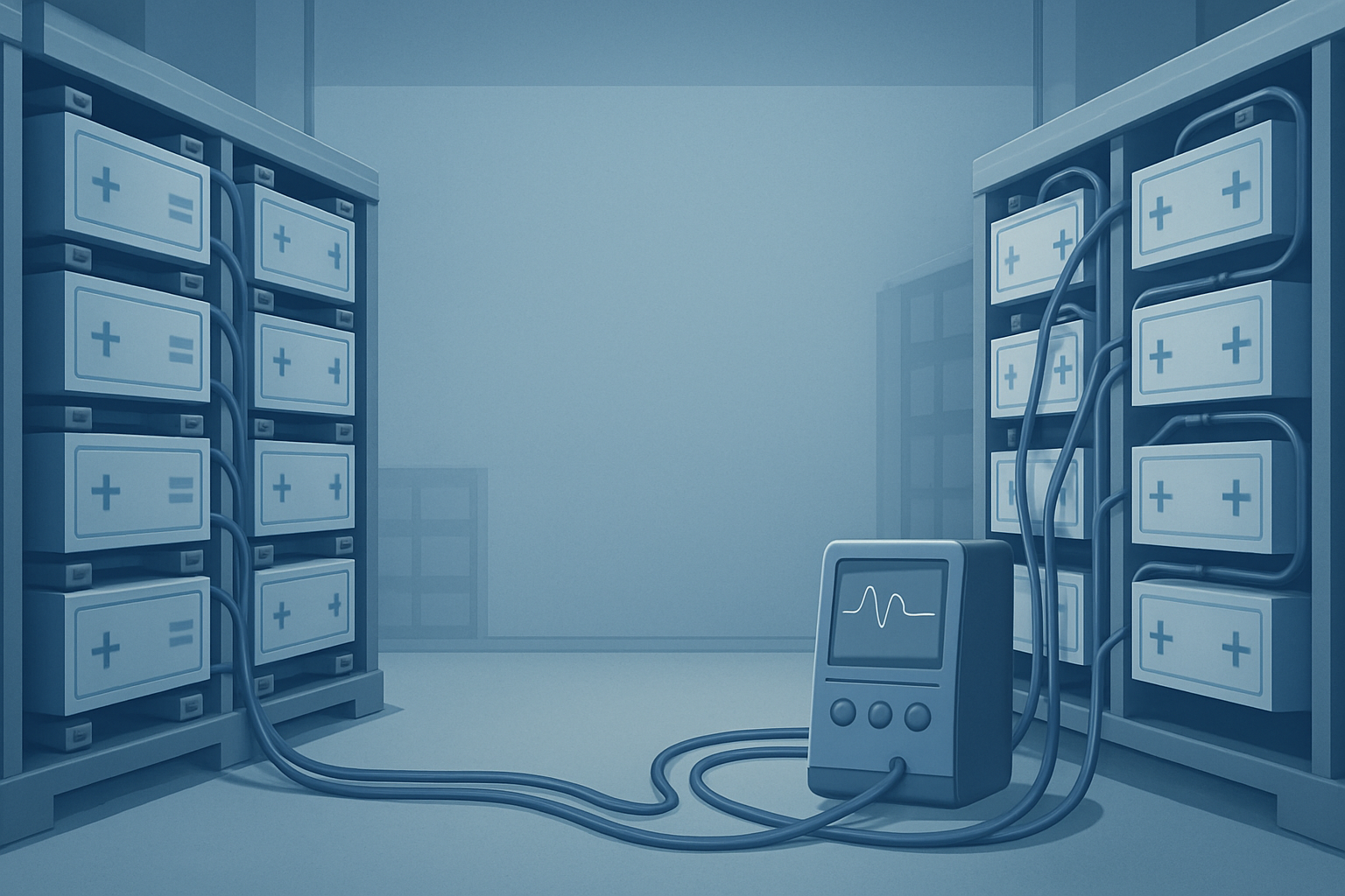 Sistema industriale di accumulo a batteria con dispositivo di misurazione in un ambiente industriale silenzioso.